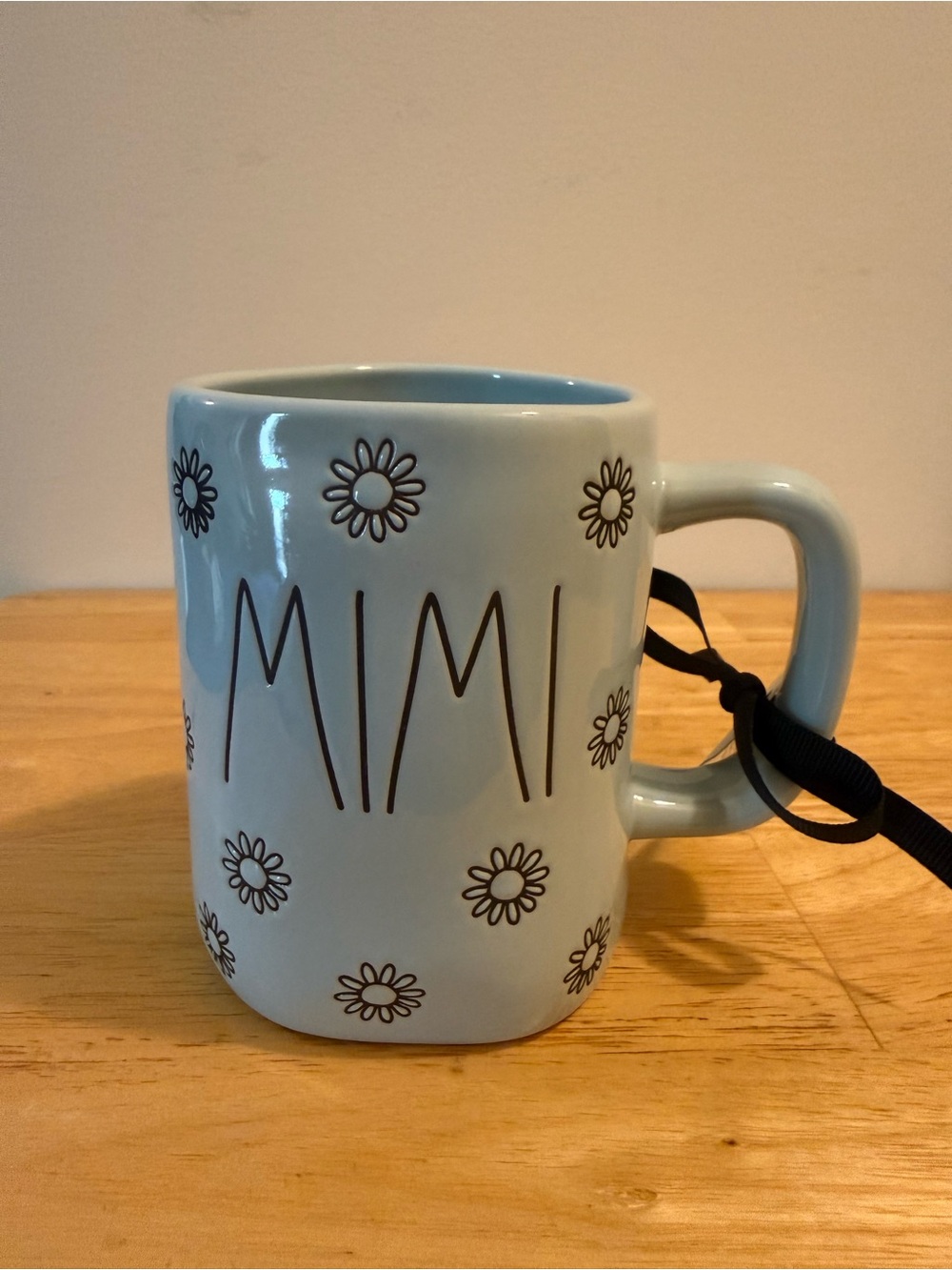 Rae Dunn Light Blue "MIMI" Mug with Black Daisy Design